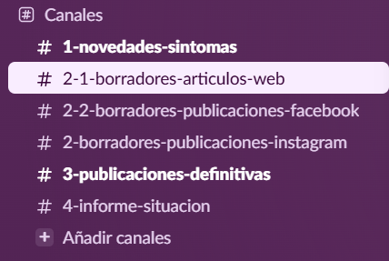 Slack · canales por etapa